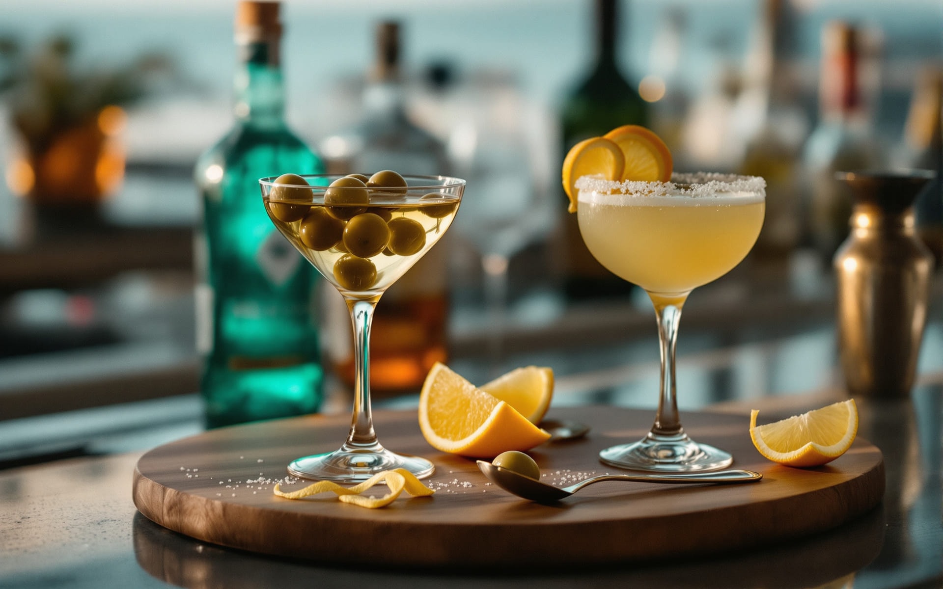 A martini glass with olives and a salt-rimmed margarita on a restaurant bar top