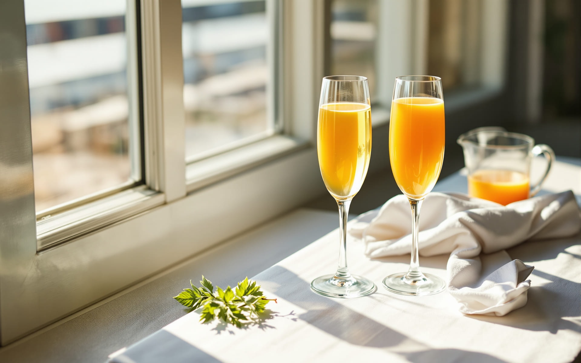 Sunlit brunch table with champagne flutes, fresh orange juice and white linen