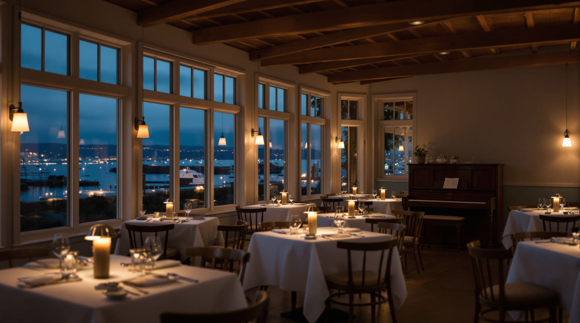 Interior of a coastal Californian seafood restaurant at dusk with white linen tables and an upright piano