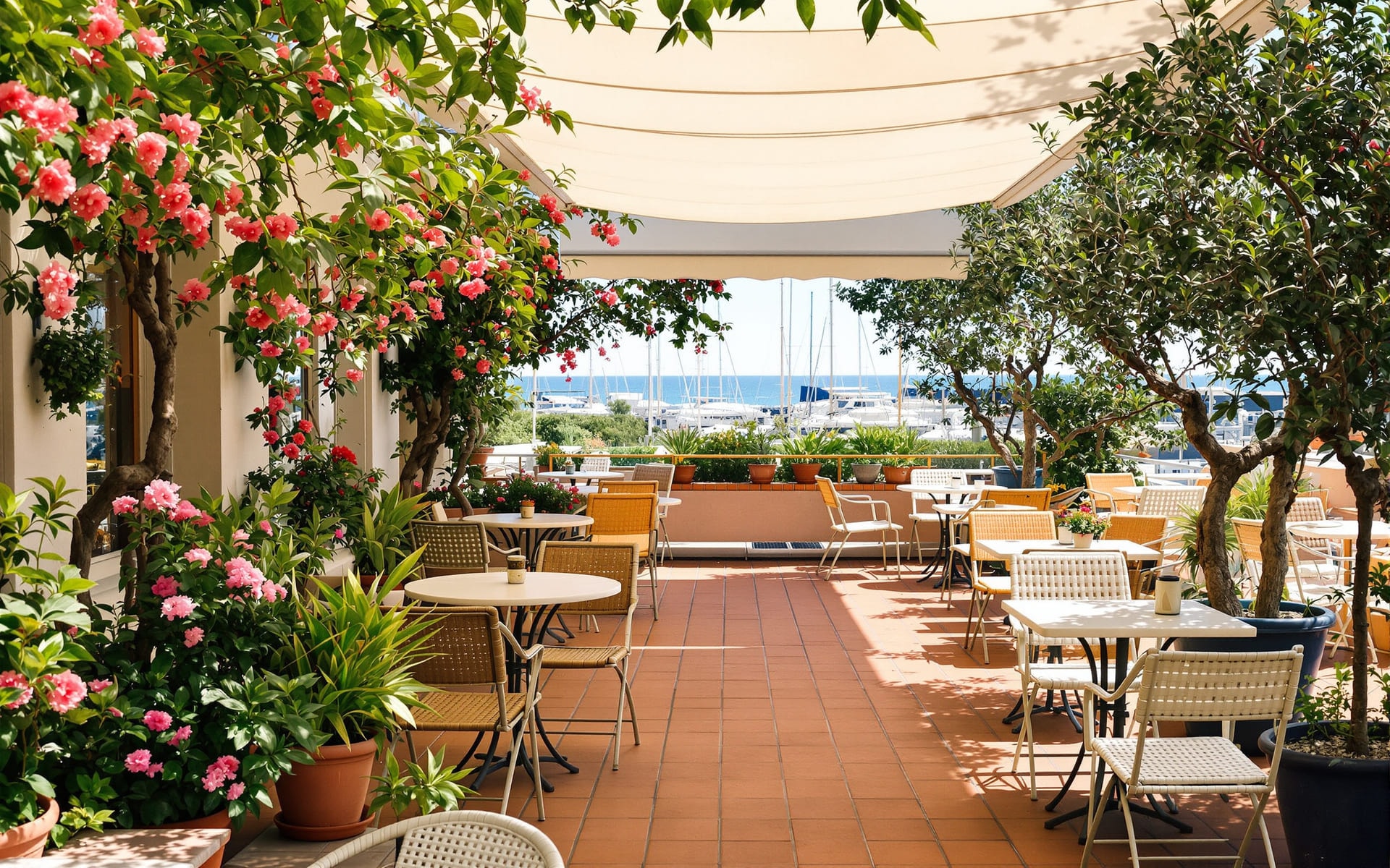 Empty garden terrace with bistro tables under a white awning and harbour masts beyond