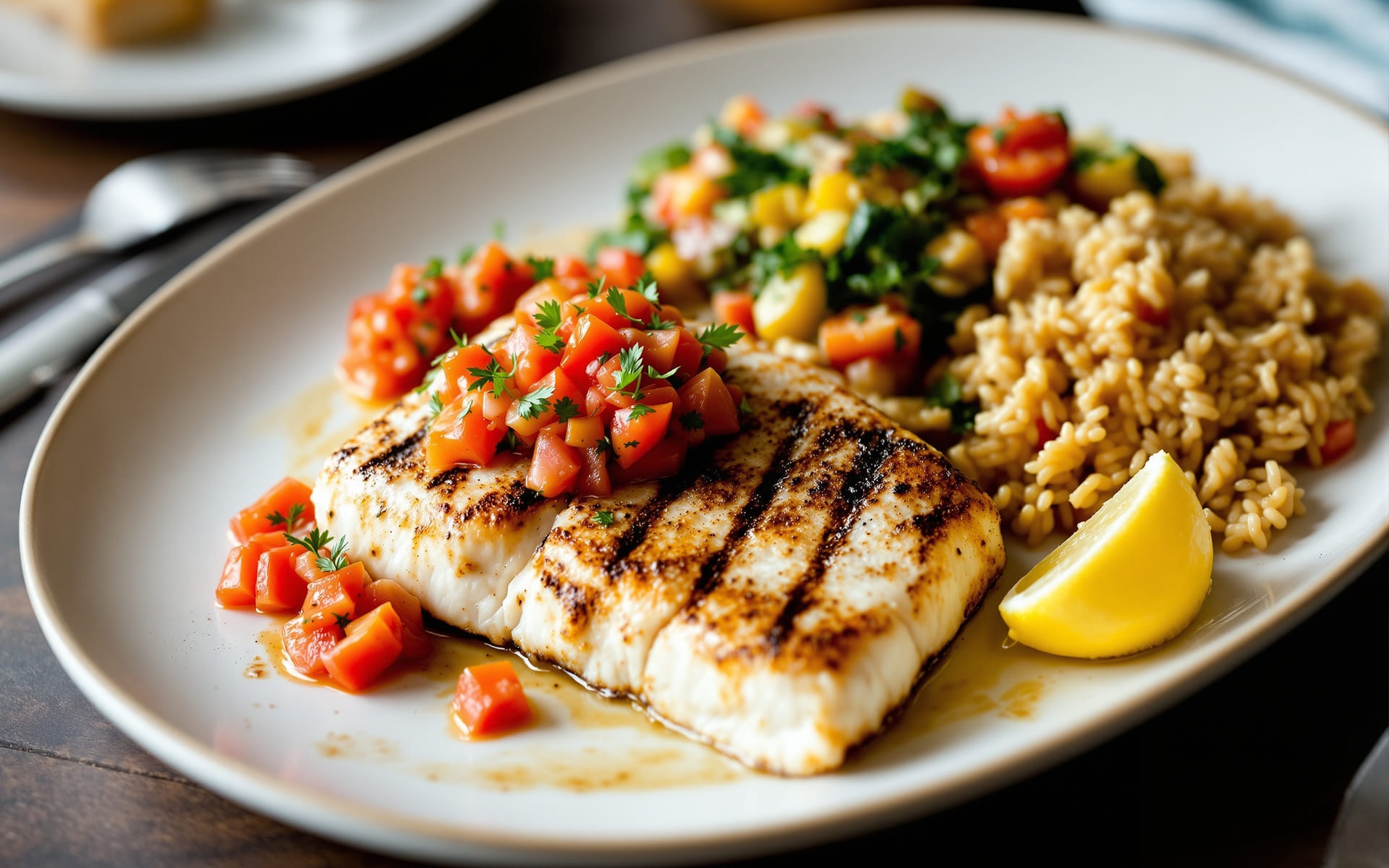 Grilled white fish fillet with tomato salsa, sautéed vegetables and rice pilaf on a white plate