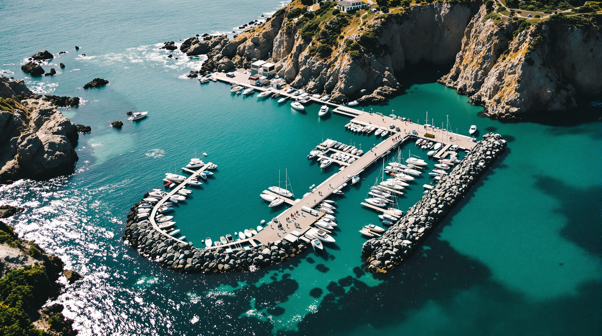 Elevated view of a two-basin marina inside a long rock jetty with sailboats and coastal cliffs