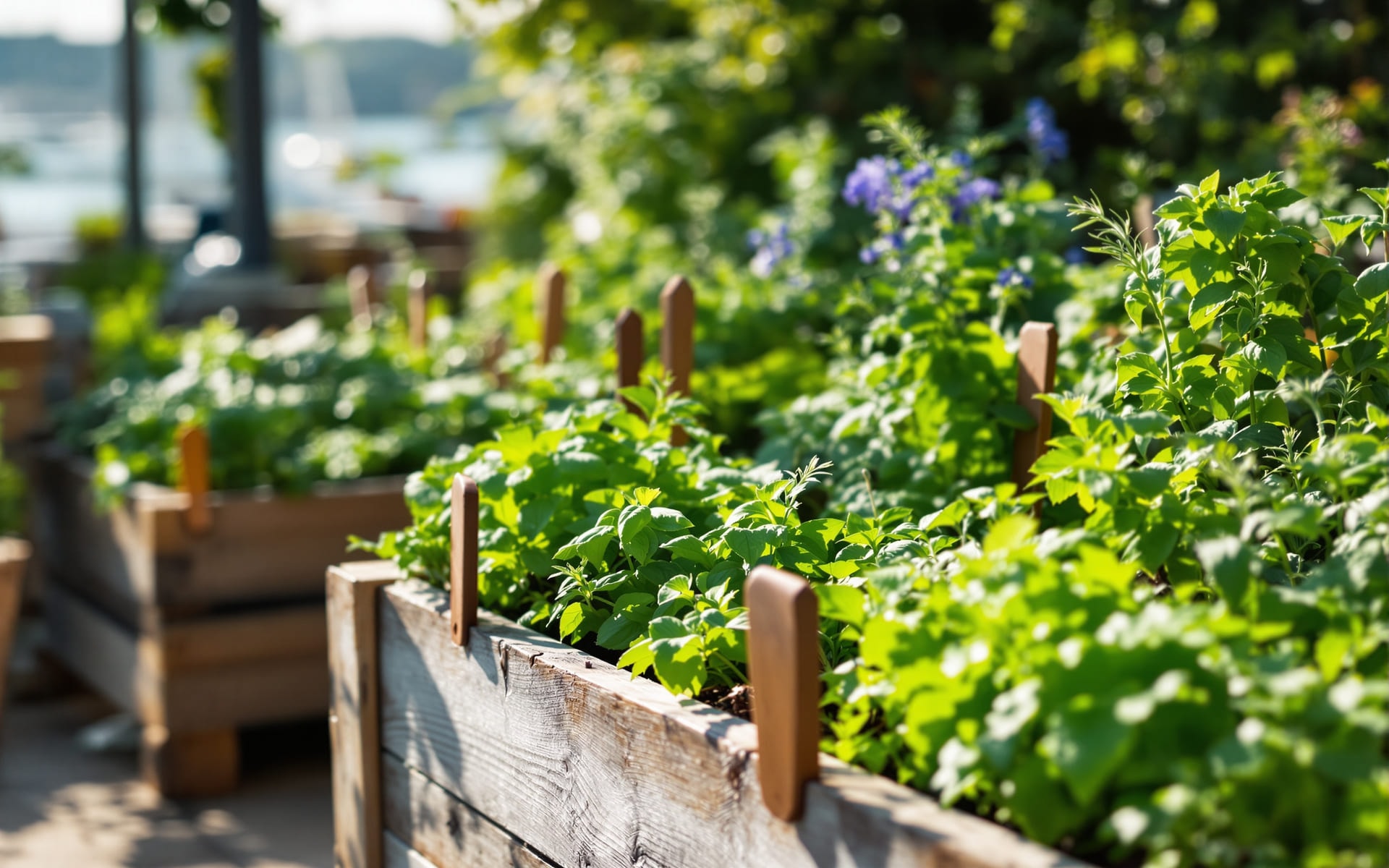 Raised timber beds of basil, rosemary, sage and tarragon beside a coastal restaurant terrace