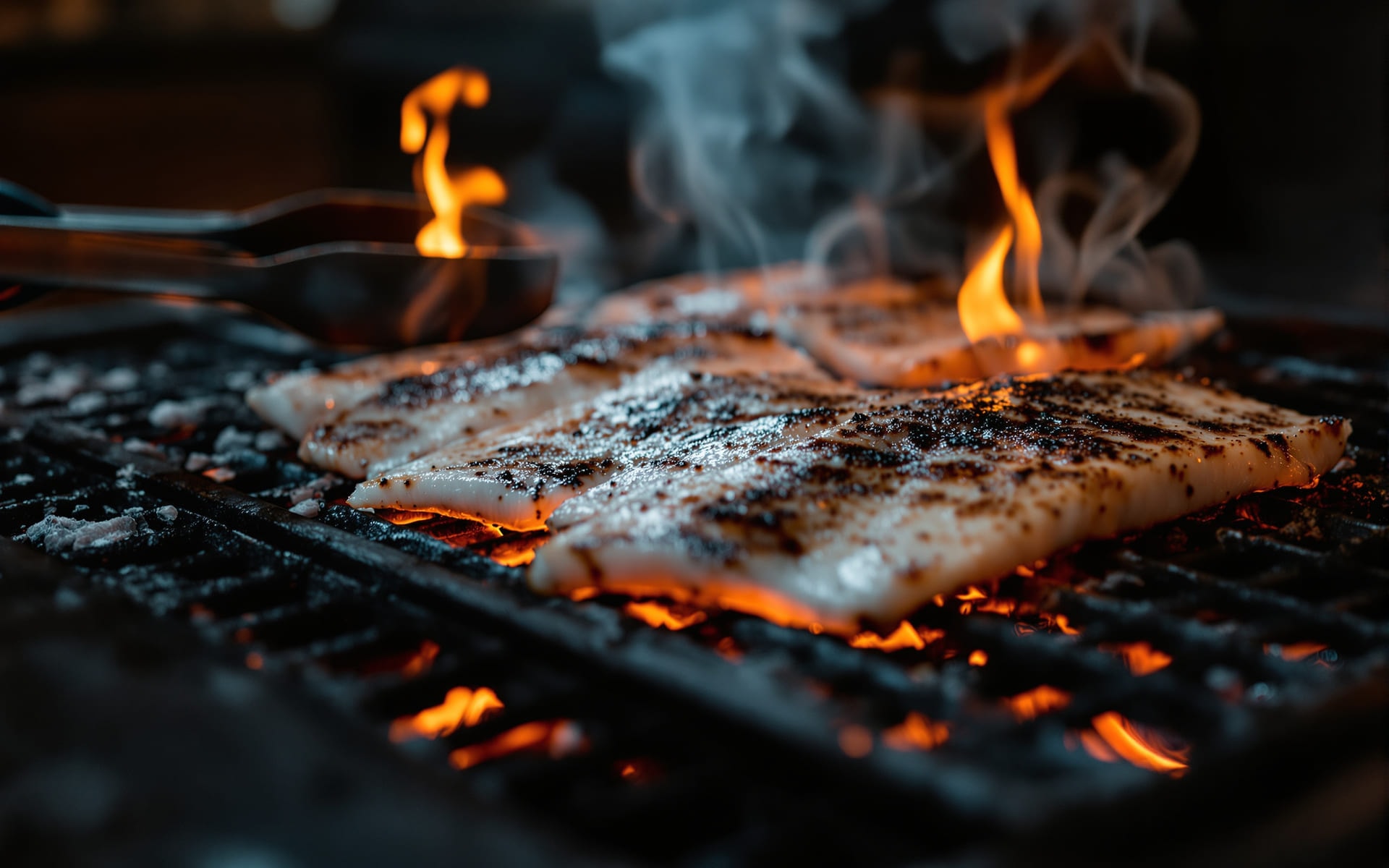 Fish fillets searing over glowing mesquite hardwood embers on an open restaurant grill