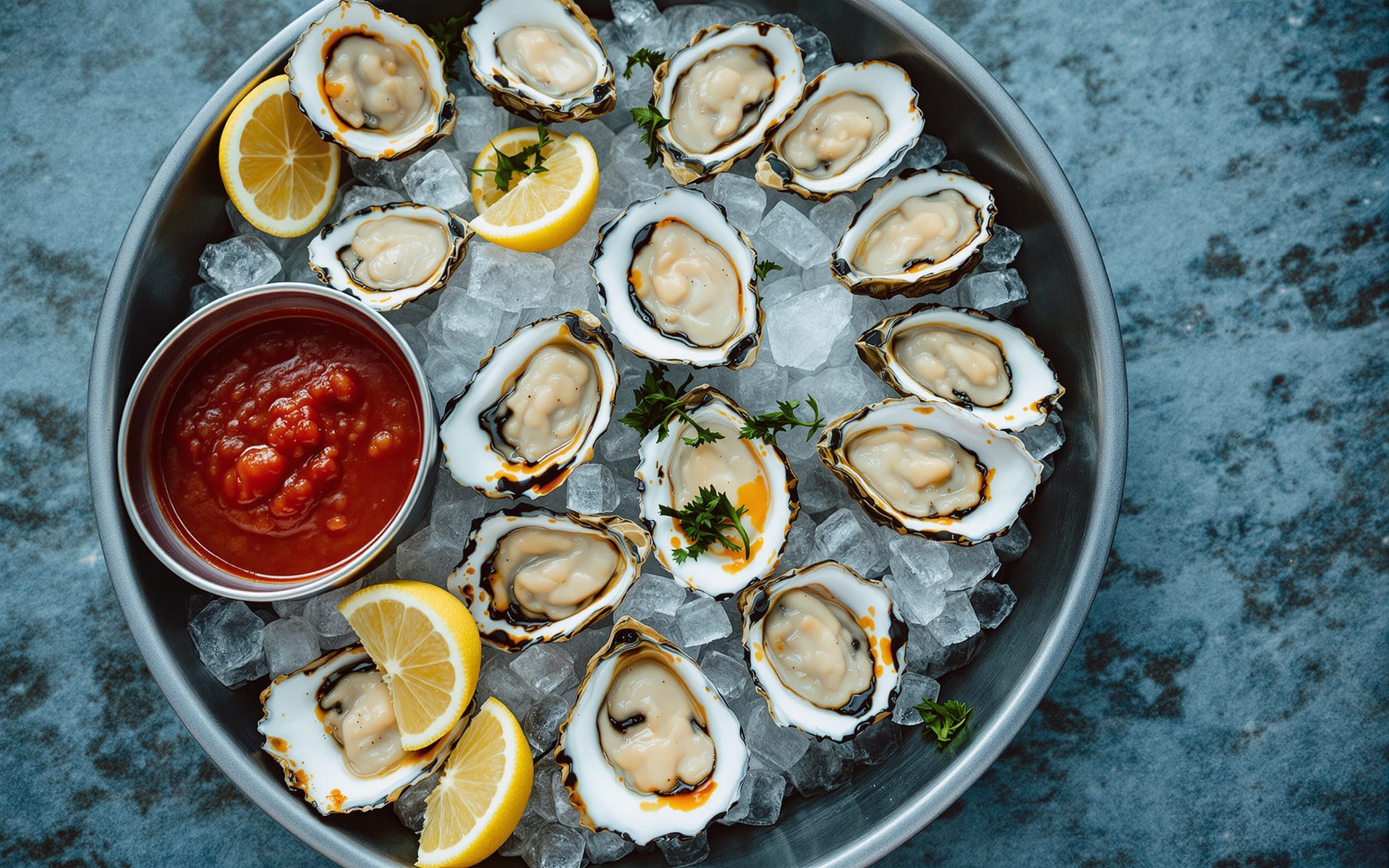Freshly shucked oysters on the half shell over crushed ice with lemon, mignonette and cocktail sauce