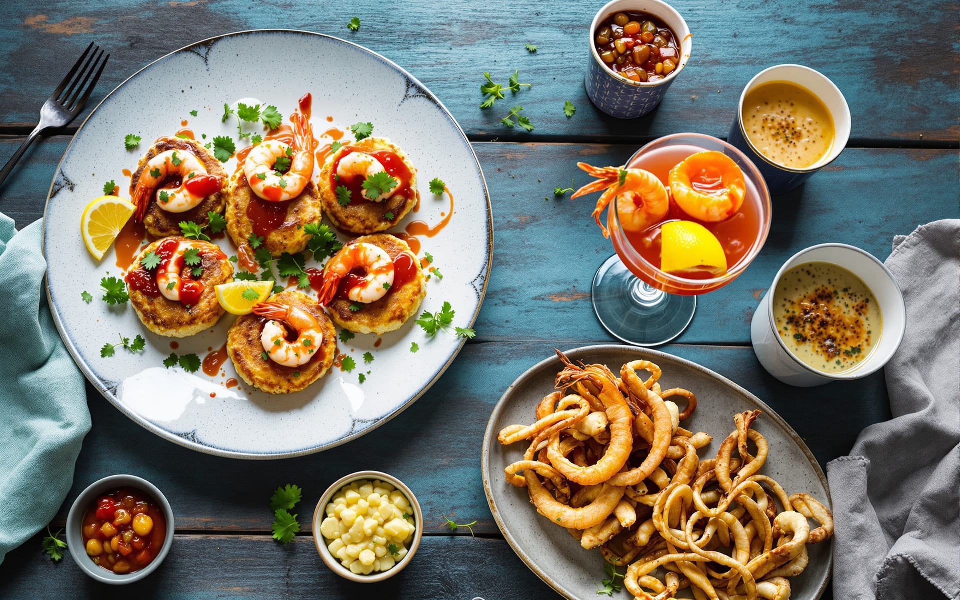 Overhead spread of seafood appetisers including crab cakes, prawn cocktail, fried calamari and clam chowder