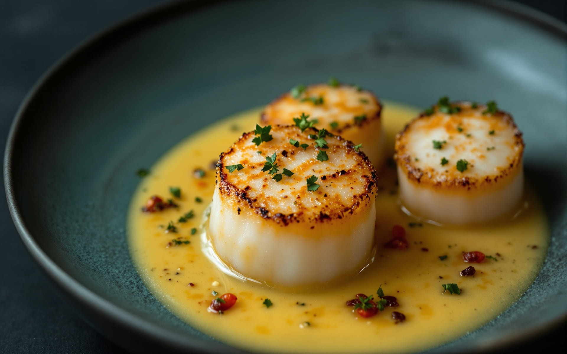 Seared sea scallops with golden crusts resting in a pale curry broth