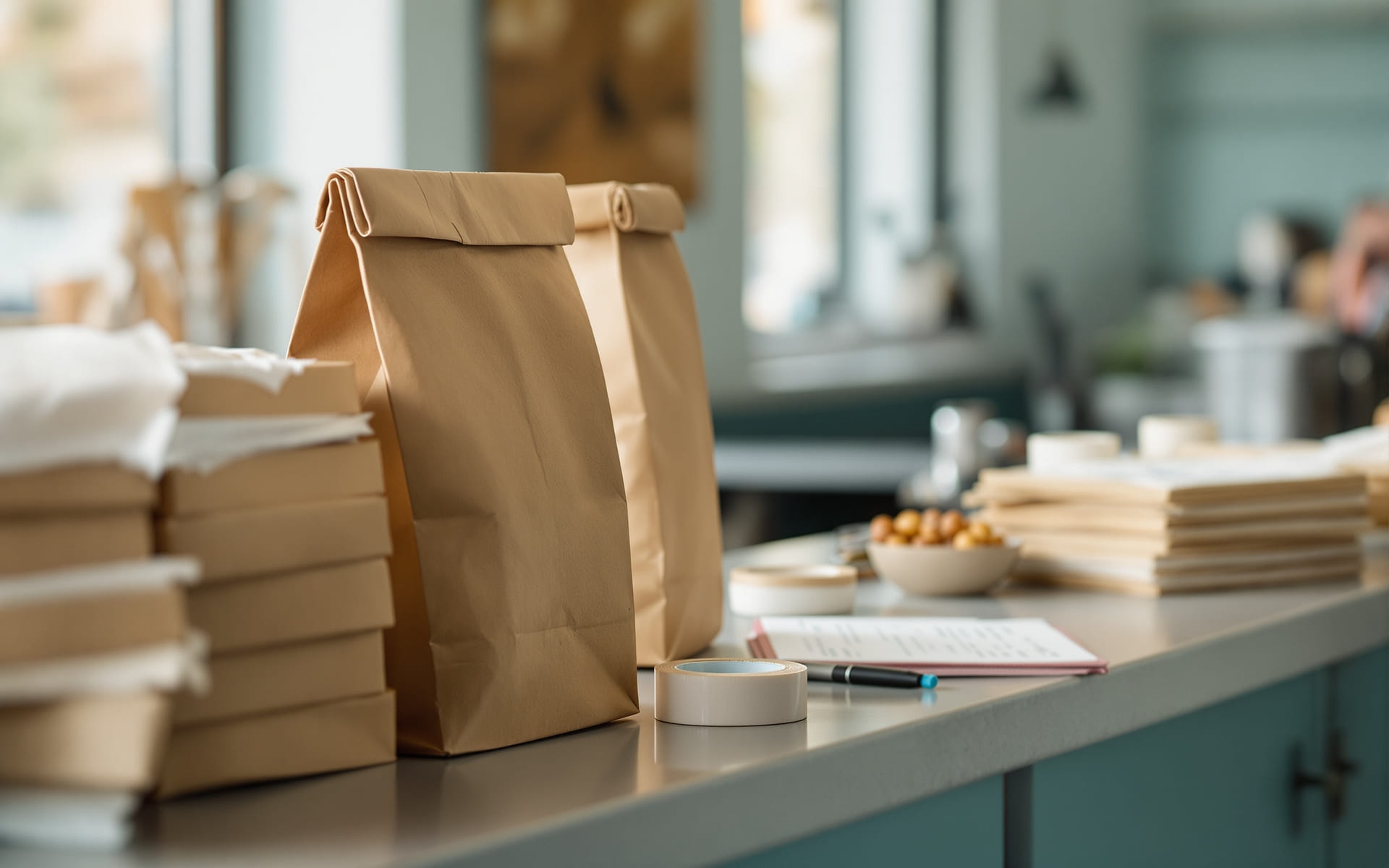Kraft paper takeaway bags and stacked containers on a quiet restaurant counter in daylight